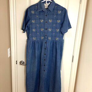 Traditions Women's Denim Midi Dress Dutton Down Front Embroidery Cottage Core
